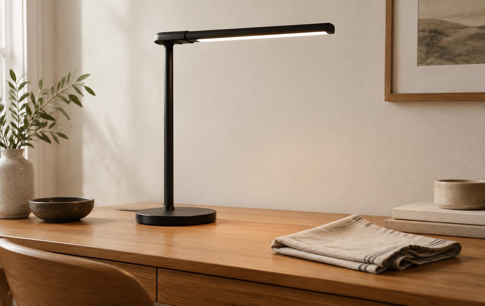 Matte black desk lamp on an oak desk